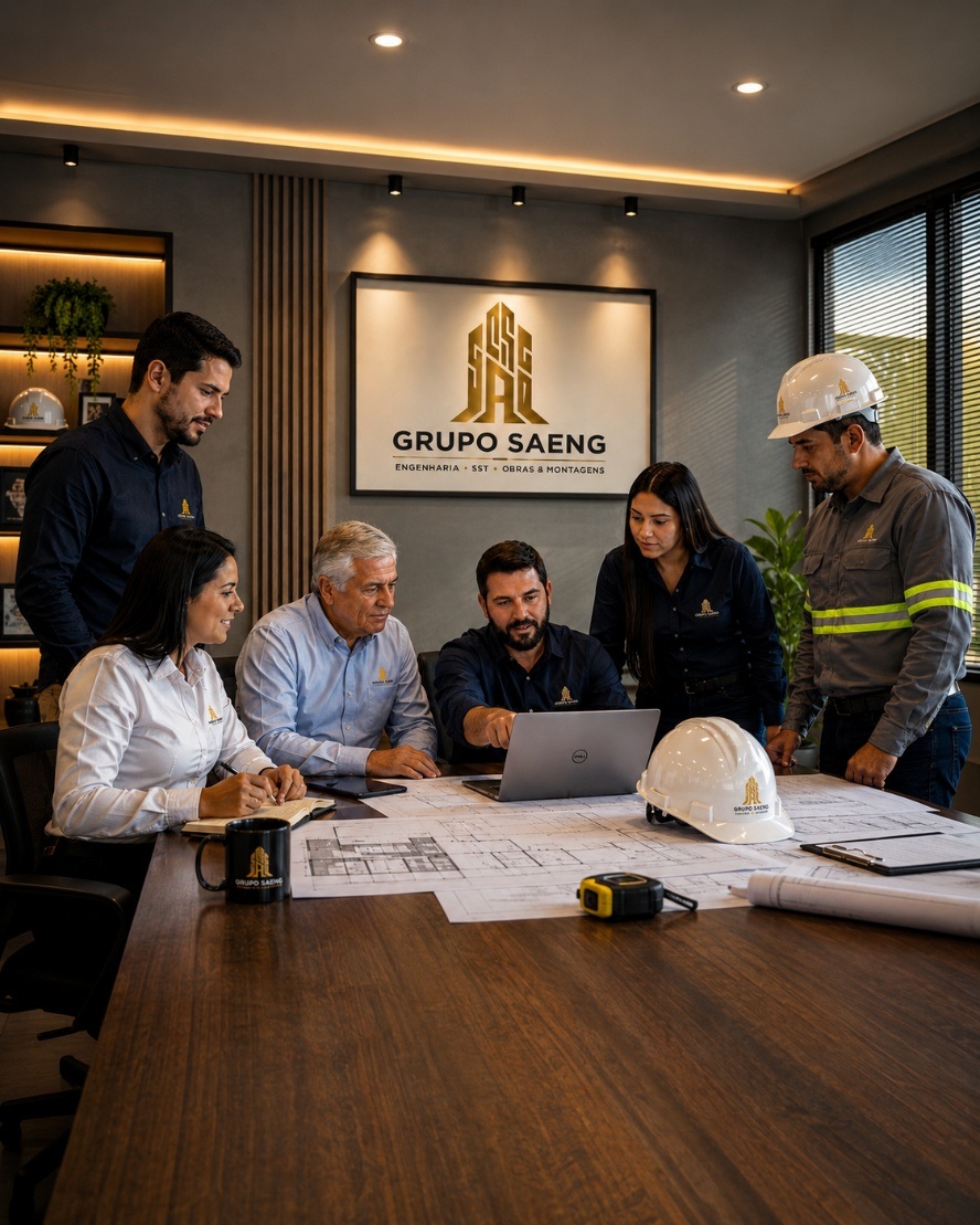 Equipe técnica Grupo SAENG em reunião de engenharia
